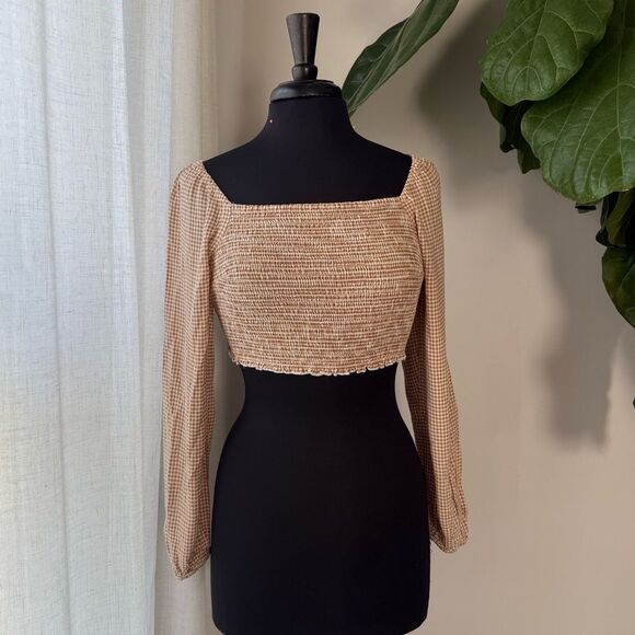 Japna Tops - Japna Cropped Long Sleeve Crop Top Checkered Brown and White Ruched Blouse